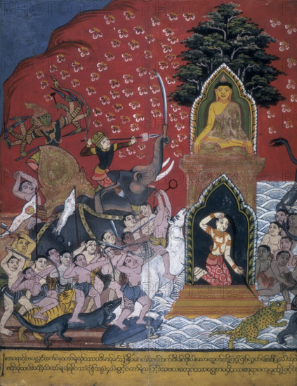 Scene from the life of the Buddha, 19th century. Siddhattha, seated in a cross-legged posture, decided not to arise until he became a Buddha, and he meditated. Mara, the Evil One, then arrived, riding on a ferocious elephant (with a sword in its trunk) and appearing to have a thousand arms, each bearing a weapon. In response the prince called the earth to witness. When the kneeling figure of the earth goddess replied, Mara and his army found all their efforts to no avail, and therefore fled.