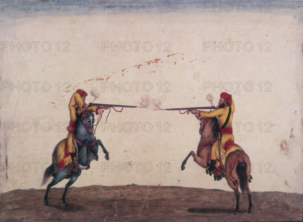 Two soldiers of Skinner's Horse cavalry unit, c1815-c1827. Their horses rear up and they take aim at each other and fire blanks. The unit became one of the most famous units in the Indian Army, and was named after its founder and leader Colonel James Skinner.