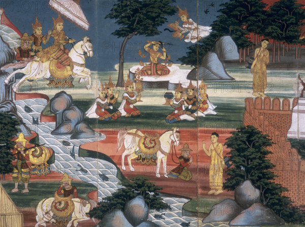 Prince Siddhattha cuts off his hair at the Anoma river and receives offerings for his life as a monk, c1800-1820. (Asparas on white horses outside the walls of a Buddhist shrine. The horse in the top left leaps over the river. A servant holds a parasol over the aspara's head. Siddhattha sits underneath the tree in the centre cutting his hair with a blade. Before him figures kneel in prayer and hold offerings. Two figures in the bottom left corner have turned away from the shrine and have covered their eyes with their hands). From "The Life of the Buddha".