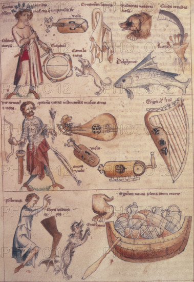 Various signs and symbols relating to astrology, second half of 14th century. Drawings include a dolphin; bear's head; man in armour with bow, arrow, and quiver; harp; hurdy-gurdy; viola; and boat with barrels and oar. From "Liber Astrologiae".