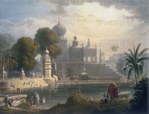 View of Salsoor in the Deccan, c1826-c1830. 'The most remote and secluded places in India frequently display to the astonished eyes of the European traveller scenes of beauty and of splendour, which, if situated in any other country, would attract crowds of tourists to the spot. Imagine the surprise of a party journeying through a tract of country of no great celebrity, when suddenly coming upon a scene like this which is represented in the engraving. There splendid ghauts, shrines, and temples arise at the confluence of two inconsiderable streams; a circumstance which in the eyes of the Hindoos always invests the spot in which it occurs with peculiar sanctity. This junction takes place near the fortified hill of Porrundah, to the south-east of Poonah. The principal temple is dedicated to Mahadeo, under another name, and is surrounded by several shrines, sepulchral monuments, and memorials of the immolations of widows on the funeral piles of their husbands'. (A grand palace with steps ...