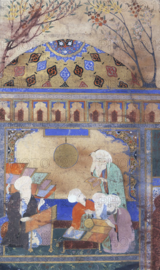Nasireddin's observatory at Meraga, 1562. Nasireddin Tusi at his writing desk with the four men who helped set up the observatory at Meraga in 1259.