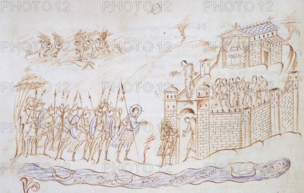 Christ with an army, c1020-c1030. Illustration to Psalm 23. Christ holding a spear leading soldiers with spears and shields. They stand beside a river with fish, outside gates of a walled town. The hand of God emerges through the clouds, with angels hovering above. From the Harley Psalter.