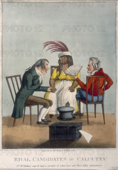'Rival Candidates in Calcutta', 1813. A woman wearing a feathered hat, an allegorical figure representing India, is flattered by a European who holds her hand and makes eyes at her. His rival sits holding a fan and looking annoyed. In the foreground is a ballot box. Britain and France were rivals for control of India in the late 18th and early 19th centuries. 'Of Mr. Holland [the publisher] may be had a number of other East and West India Carictures'.