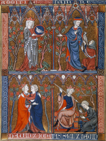 Friendship and Hatred; Jonathan, David and Saul, c1290-c1300. 'Amitié'. At top left a crowned female figure (St Margaret of Antioch?) stands on a dragon holding a dove. 'Haine'. At top right a standing man appears to be ordering a kneeling falconer to set his hawk against the dove. Below left: King David and Jonathan embrace. Below right: Saul threatens David's life; Saul [or David?] enthroned, points a spear at David [or Saul?] who is tuning a harp. From "La Somme le Roy".