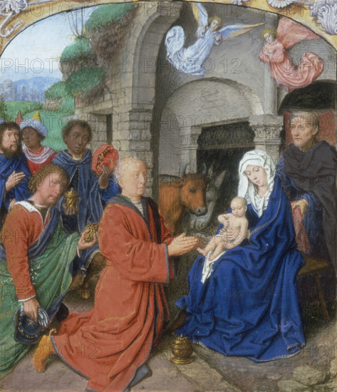 Adoration of the Kings, c1475-c1500. The baby Jesus sits on the knee of the Virgin Mary, with Joseph standing behind them. The three kings kneel before the Holy Family and offer their gifts of gold, frankincense and myrrh. Two angels hover above the scene. From the Isabella Breviary.