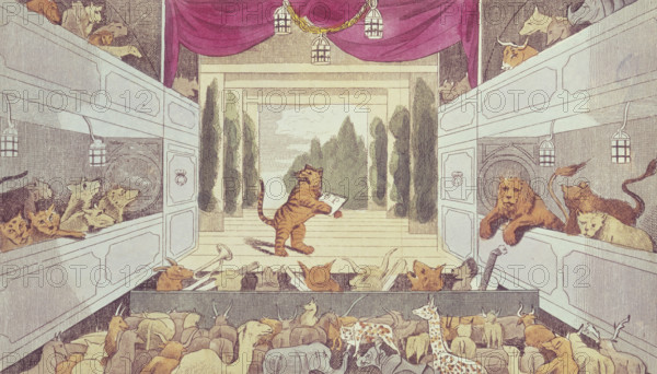 The Tyger's Theatre, 1808. A tiger holding a card inscribed 'O.P.' takes centre stage performing to a packed theatre of animals. The orchestra pit is full of animal musicians.
