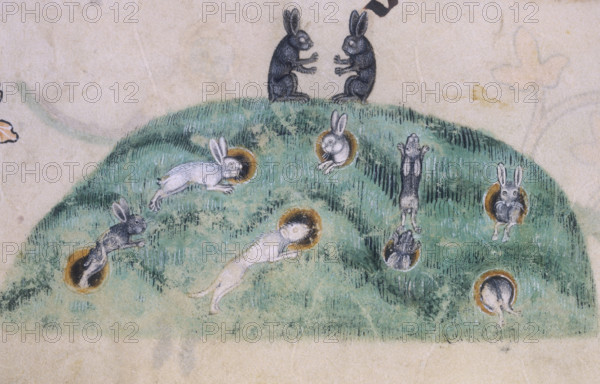 A rabbit warren, c1300-c1340. Two rabbits sit on top of the warren. Below them rabbits hop from hole to hole. From the Luttrell Psalter.