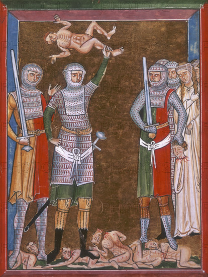 The Massacre of the Innocents, c1350. Biblical scene. At the feet of the soldiers are the bodies of the children they have slaughtered. One soldier holds above his head a boy he is about to kill. On the right a soldier holds a child's severed head, and behind him are two grieving mothers. The Massacre (or Slaughter) of the Innocents is a story recounted in the Nativity narrative of the Gospel of Matthew (2:16-18) in which Herod the Great, king of Judea, orders the execution of all male children who are two years old and under in the vicinity of Bethlehem. The massacre was an attempt to kill Christ 'the king of the Jews', shortly after his birth.