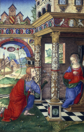The Annunciation, 1500. The angel Gabriel holding a lily appears to the Virgin Mary, telling her she will give birth to the saviour. The setting is an ornate building with decorated pillars, an archway with a coat of arms, and a black and white tiled floor. Mythical creatures decorate the pediment. Beyond are medieval buildings in a landscape.