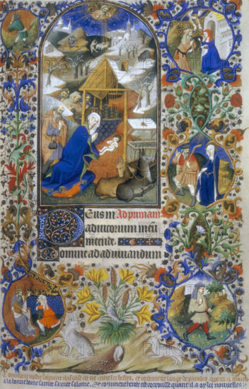 The Nativity, 1423. Mary and Joseph kneel before the baby Jesus, with the shepherds beyond. In the distance a shepherd tends to his flock. God looks down from heaven. Marginal scenes from the Christmas story, and text with decorated initial 'D'. Elaborate border comprised of intertwined flowers, with a bird among yellow lilies, and a rabbit warren. From the Hours of the Virgin at Prime, Bedford Hours, for the Duke of Bedford.
