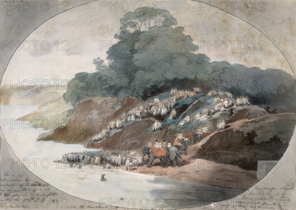 Suttee, India, 1792. A crowd has gathered for a funeral and suttee. The body of the deceased man is being washed in the river before being dressed in fresh cotton robes. The funeral pyre stands ready, just to the left of the elephants. The practice of suttee or sati, whereby a Hindu widow was burned alive on her husband's funeral pyre, was legally banned in all the princely states of India by 1861.