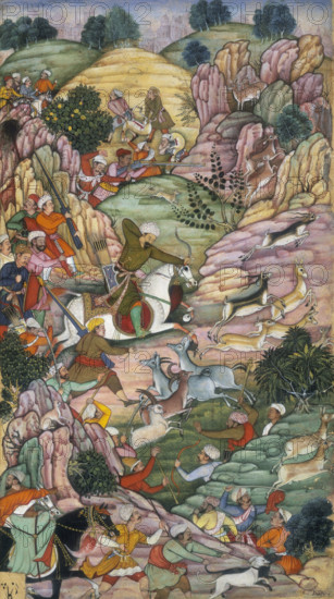 Babur hunting deer between 'Ali Shang and Alangar near Kabul, Afghanistan, 1520. Babur, riding a white horse, aims an arrow at a deer. Above him a man takes aim with a rifle from behind a rock. Others follow Babur with rifles and bows and arrows in the hunt. At bottom right a group of men have cornered the animals. Babur was the founder of the Mughal empire of India.