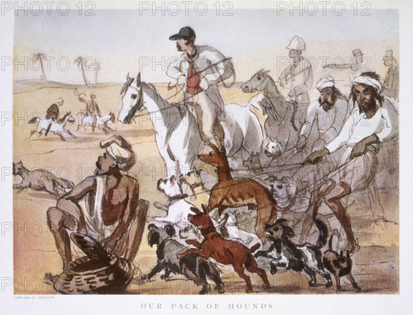 'Our Pack of Hounds', 1911. Two Indian servants struggle to keep hold of a pack of dogs of all sizes, who are straining at their leashes to join in. From "Curry & Rice", a collection of watercolours taking a satirical look at British colonial life in India.
