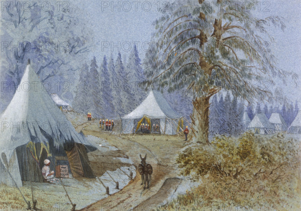 Tents pitched in the woods at Camp Gharreal, Murree, Punjab, 1870s. A servant sorts the mail in a tent in the left hand corner. Further along the path British soldiers are just visible in and around a second tent. Possibly a depiction of the British encampment, Battle of Charasiab, fought between British and Indian troops against Afghan regular forces and tribesmen on 9th October 1879 in the Second Afghan War.