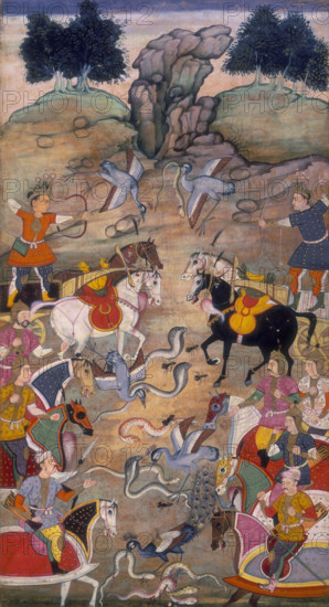 A battle between Babhruvahana, son of Arjuna, and the snakes in the nether regions, 1598. In between two lines of warriors a variety of birds, including a peacock, peck at snakes. At the top two warriors aim their bows and arrows at each other.