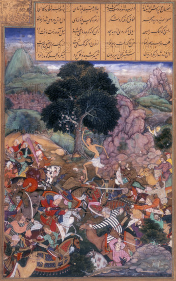 Battle of the tribes watched by Majnun who is holding a rock, 1595. Majnun stands in the centre under a tree, as the two sides fight. The two tribes go to war after Layla's father refuses to let her marry Majnun.