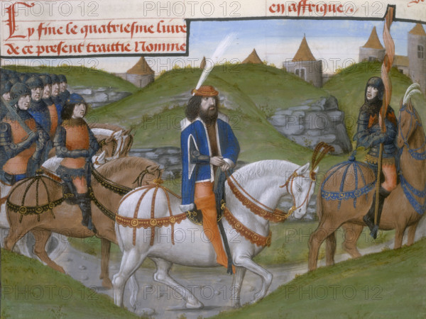 Hannibal on horseback, at the head of his troops, 1480. As leader of the Carthaginian forces, Hannibal fought the Romans during the Second Punic War (218-202 BC).