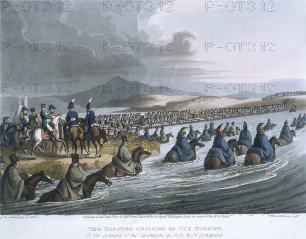 'The Boasted Crossing of the Niemen, At the opening of the Campaign in 1812, by N. Bonaparte', 1819. Napoleon's troops crossing the River Nieman, on the Russian border. Napoleon stands on the riverbank with his generals. He gathered 600,000 troops as part of his plan to invade Russia. From a drawing by 'an officer'.