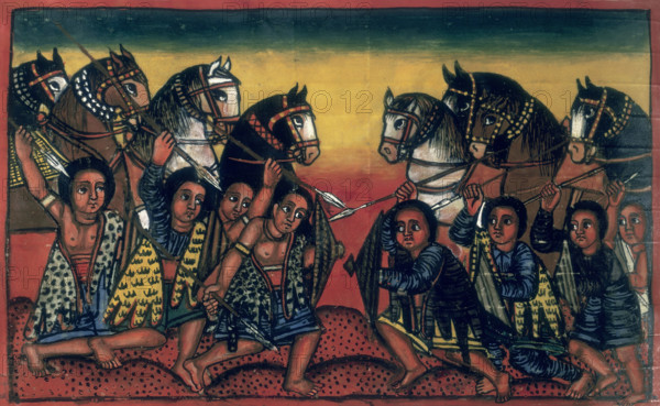 Cavalry going into battle, with spears and shields, c1721-c1730. From the "Nagara Maryam", which translates as the History of Mary; a collection of stories about the life of the Virgin.