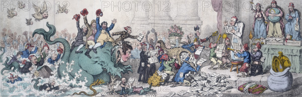 'New Morality, or the promised Installment of the High Priest of the Theophilanthropes, with the homage of Leviathan and his suite', 1798. The Leviathan has the face of the Duke of Bedford; Charles James Fox and others ride on his back, waving revolutionary caps. A 'Cornucopia of Ignorance' spews a spurious "Wrongs of Woman" and other pamphlets. 'Theophilanthropes' derived from the Theophilanthropic societies of Paris which aimed to transcend party politics, and here attracts a mixed bag of radicals. Others represented are: Robert Southey, Coleridge, Charles Lloyd, Charles Lamb, Erasmus Darwin, Joseph Priestley and Gilbert Wakefield. From the first issue of the "Anti-Jacobin Review and Magazine".
