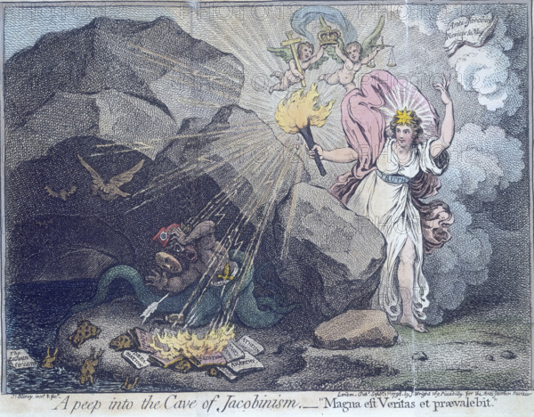 'A peep into the Cave of Jacobinism', 1798. 'Magna est Veritas et praevalebit' (truth is mighty and will prevail). Britannia, wearing the belt of 'Truth' fires flaming bolts at a monster representing the French Revolution. Above her hover cherubs holding a cross, a crown and the scales of justice. The monster recoils in fear, dropping the smiling mask. Flames engulf his reading matter, with titles such as 'Anarchy' and 'Atheism'. Frogs flee into the dark river. Frontispiece from "The Anti-Jacobin Review".