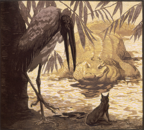 Crocodile, wolf and stork; scene from "The Jungle Book", 1919. From a French translation of "The Jungle Book" by Rudyard Kipling.