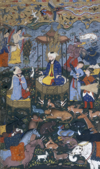 Solomon enthroned, 16th century. Opening to a copy from Shiraz of Firdawsi's epic history of Iran, the Shahnamah.