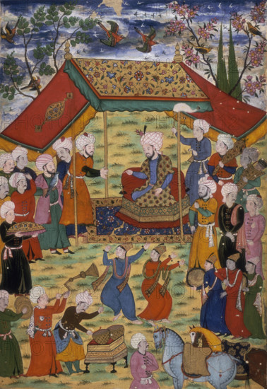 Timur receives a deputation , 1600. Timur receiving a deputation of Chaghata'i Turkomans at Balkh. Servants hold quivers of arrows and a fly switch. In the foreground are dancers and musicians. Timur was a Mongol conqueror, who waged many wars against the Persians. Miniature painting from an Indian manuscript of the Zafarnama.