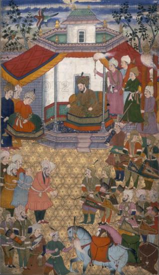 Bayazidi brought before Timur, 1600. Timur sits enthroned under a canopy with attendants by his side and receives Bayazidi. On the right are soldiers from Timur's victorious army. On the left Bayazidi's defeated men are brought in, roped together. Legend says the defeated ruler was carried everywhere in a cage at the order of Timur. Timur was a Mongol conqueror, who waged many wars against the Persians. From "Zafar Nameh" (Book of Victory).
