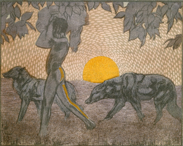 Mowgli and wolves; scene from "The Jungle Book", 1919. From a French translation of "The Jungle Book" by Rudyard Kipling.