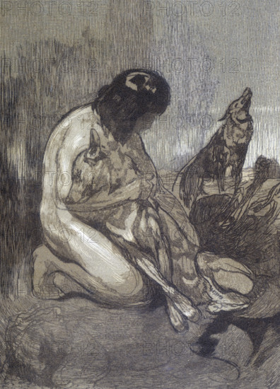 Mowgli and wolves; scene from "The Jungle Book", 1919. From a French translation of "The Jungle Book" by Rudyard Kipling.