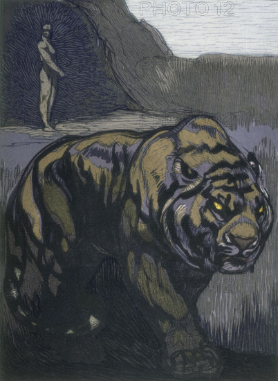 Tiger; scene from "The Jungle Book", 1919. From a French translation of "The Jungle Book" by Rudyard Kipling.