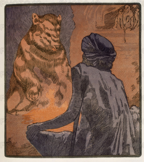 The Miracle of Purun Bhagat; scene from "The Jungle Book", 1919. From a French translation of "The Jungle Book" by Rudyard Kipling.