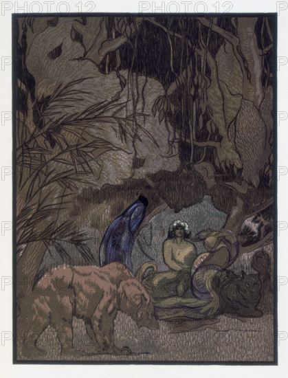 Mowgli, Baloo and other animals; scene from "The Jungle Book", 1919. From a French translation of "The Jungle Book" by Rudyard Kipling.