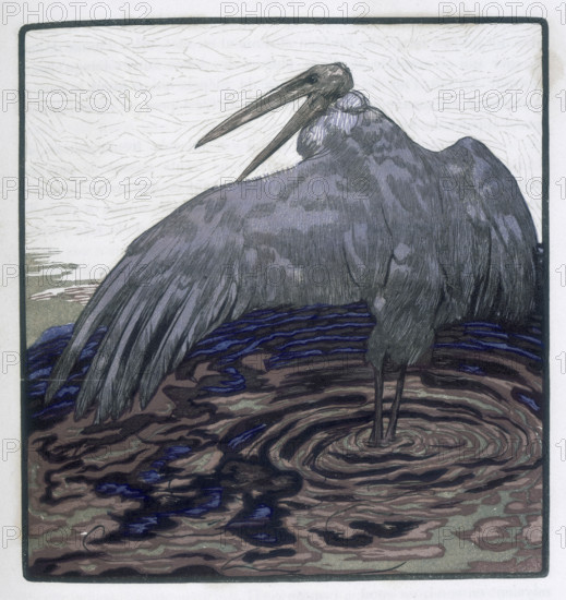 Stork in the water; scene from "The Jungle Book", 1919. From a French translation of "The Jungle Book" by Rudyard Kipling.