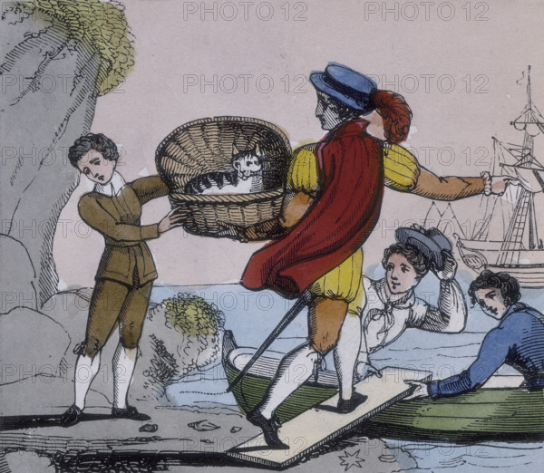 Dick Whittington handing over his cat to the captain of a ship, 1845. A sad-looking Dick passes a basket containing his cat to a man walking onto a gangplank.