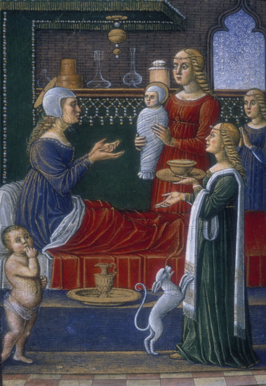 The Birth of the Virgin, end of the 15th century. Saint Anne sits up in bed, holding her hands out to her swaddled newborn daughter who is held by a female helper or midwife. Another woman holds a bowl of food as a dog jumps up at her. A small boy watches.