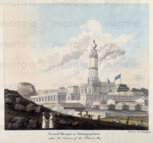 The Grand Mosque at Seringapatam, India, after the Capture of the Place in May, 1799. The capital of Mysore, Seringapatam (Srirangapatana) fell to the British in May 1799. They had initiated a war on the pretext that Mysore's ruler, Tipu Sultan, was seeking foreign support.