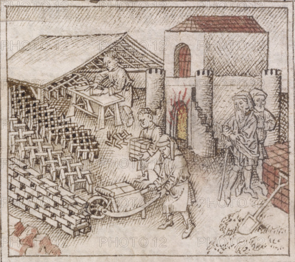 A brickyard, c1300-c1340. The bricks have been lined up into patterns. One man carries a pile of bricks in his arms, while another uses a wheelbarrow. Behind them the furnace is ablaze. A man on the right oversees them. A scene from a Dutch Bible.