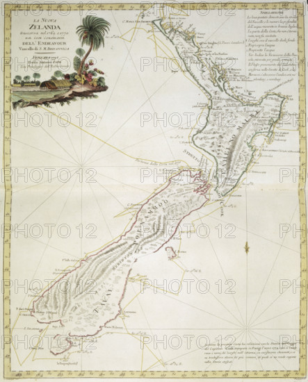 Map of New Zealand, 1778. 'La Nuova Zelanda trascorsa nel 1769 e 1770, dal Cook Comandante dell'Endeavour, Vascello di S. M. Britannica'. Venetian map of New Zealand showing the route taken by Captain Cook's ship the 'Endeavour'.