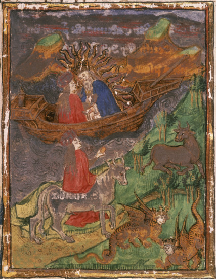 Jove, surrounded by the sun's rays, sits in boat with Europa, 1450. In the foreground, Europa is carried by the bull, and Cadmus and Hermione are turned into human-headed dragons. From "The Fall of Princes" (fragment), by John Lydgate.