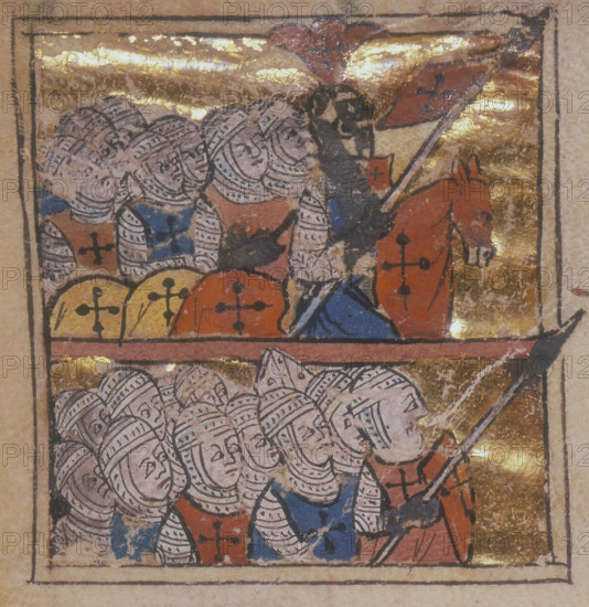 Peter the Hermit leading the Crusades, 1311. Peter was a preacher during the First Crusade. From "Abreviamen de las Estorias"; a summary of Universal History, from the creation of the world to the death of the Emperor Henry VII.