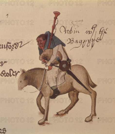 The red facedmiller playing the bagpipes, 1911. From a facsimile made in 1911 of "The Ellesmere Chaucer", an early fifteenth century manuscript of "The Canterbury Tales", written by Chaucer in about 1387.