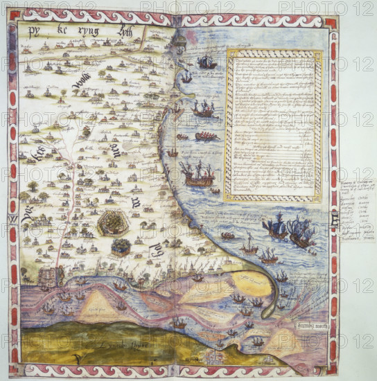 Top half of Lord Burghley's chart of the Humber, 1579. Coloured manuscript plan of the River Humber and North Sea coast from Hull to Scarborough, with marginal notes by Lord Burghley. Settlements and coastal landmarks are identified, and ships are shown off the coast. From Lord Burghley's Atlas.