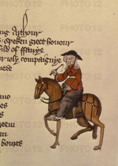 The Wife of Bath, 1911. From a facsimile made in 1911 of "The Ellesmere Chaucer", an early fifteenth century manuscript of "The Canterbury Tales", written by Chaucer in about 1387.