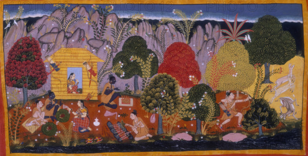 Rama, Sita, and Lakshmana in the forest, c1652. (Forest dwellers and a hunter). Men and women gather in front of a small house by a river - quivers of arrows hang from the roof. Laksmana hunts for deer on Rama's instructions, so that they may make offerings to the presiding deities of the place. Laksmana cooks the venison on skewers rather than boiling it as in the text and Rama makes the offerings. Sahib Din, again contrary to the text, depicts the two brothers eating while Sita waves a scarf over the food; and she then retires to the hut to eat her own meal. This picture demonstrates the format used by Sahib Din for a forest landscape, with a river at the foot of the picture, a foreground surrounded by trees where the action takes place and a backdrop of vertically striated purple rocks. From the Mewar Ramayana.