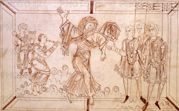 Luxuria tempting men to abandon their arms in favour of debauchery, c950-c999. She dances to the music played by the two musicians on the left. On the right are the three men she is trying to seduce.