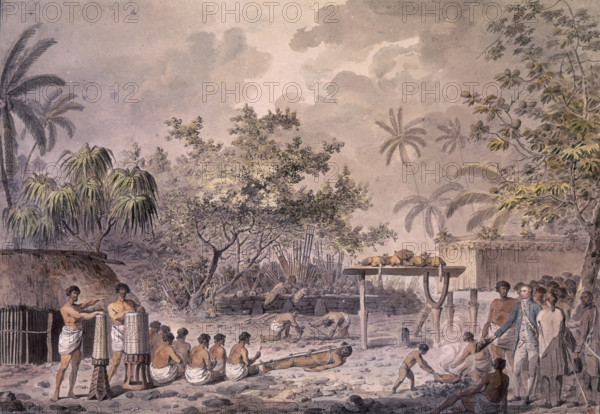 Human sacrifices at Otaheite (Tahiti), c1777-c1779. 'A Human Sacrifice in a Morai, in Otaheite; in the presence of Captain Cook'. Captain James Cook and his officers watching a group of Tahitians chanting as a man and some pigs are prepared for sacrifice. The man to be sacrificed is lying on the ground, tied to a pole, while in the background a macabre pile of human skulls is visible. This is one of the events witnessed by Cook, the famed navigator and hydrographer, during the second of his three exploratory voyages to the Pacific region in 1772-1775 when they crossed latitude 70 degrees - the furthest south then reached by Europeans. These voyages transformed our knowledge of the region. From a series of ninety drawings by J Webber, of the third voyage of Captain Cook.