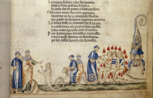 Dante and Virgil with Geryon, c1370. Left to right: Virgil, with Dante at his side, speaks to Geryon (a giant from Greek mythology); Dante and Vergil riding on Geryon; Dante with usurers; Dante and Virgil descend on Geryon's back. The Inferno, from Dante's "Divina Commedia".